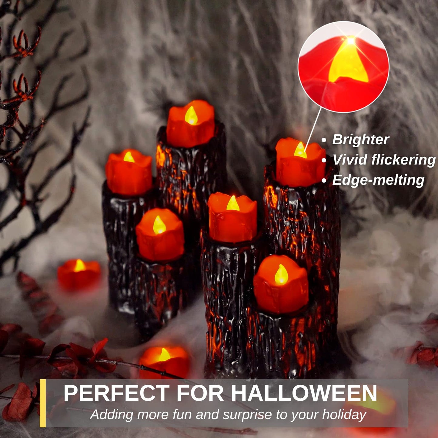 Homemory 48-Pack Halloween Red Dripping Flameless Tea Lights, Battery Operated Flickering LED Candles, Safe for Pumpkins, Party & Holiday Decor, 1.58" D x 1.2" H, Warm White Glow