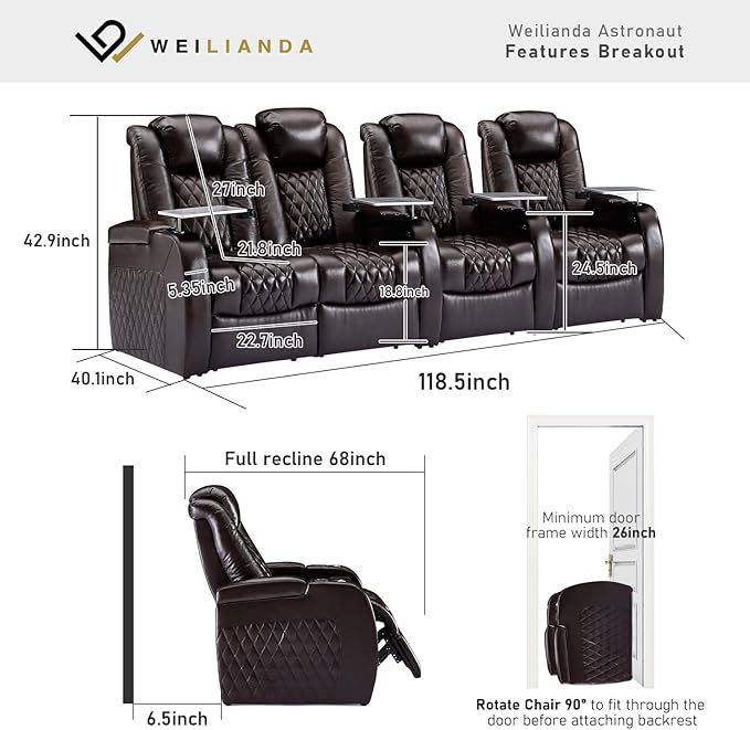 Weilianda Home Theater Seating Top Grain Leather Zero Gravity Recliner Chair Power Headrest Recline Movie Seat Gaming 7 Colors Mood Light Sofa with Tray Table USB Charge Row of 4 Loveseat Left Brown