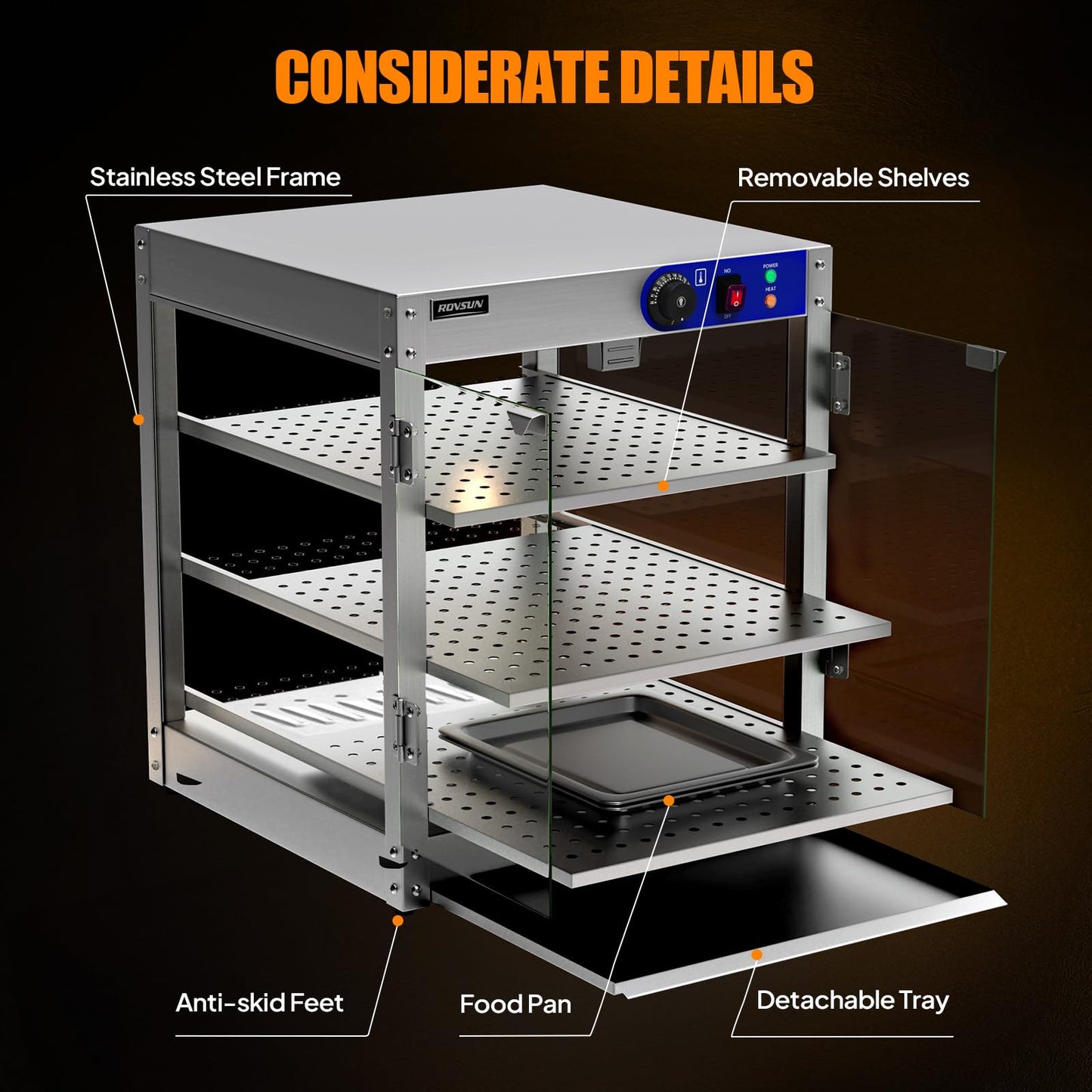 ROVSUN 3-Tier Commercial Food Warmer, Pizza Warmer Food Warmer Display with LED Lighting Removable Shelves Glass Door, Countertop Electric Food Warmer for Buffet Restaurant 110V 800W