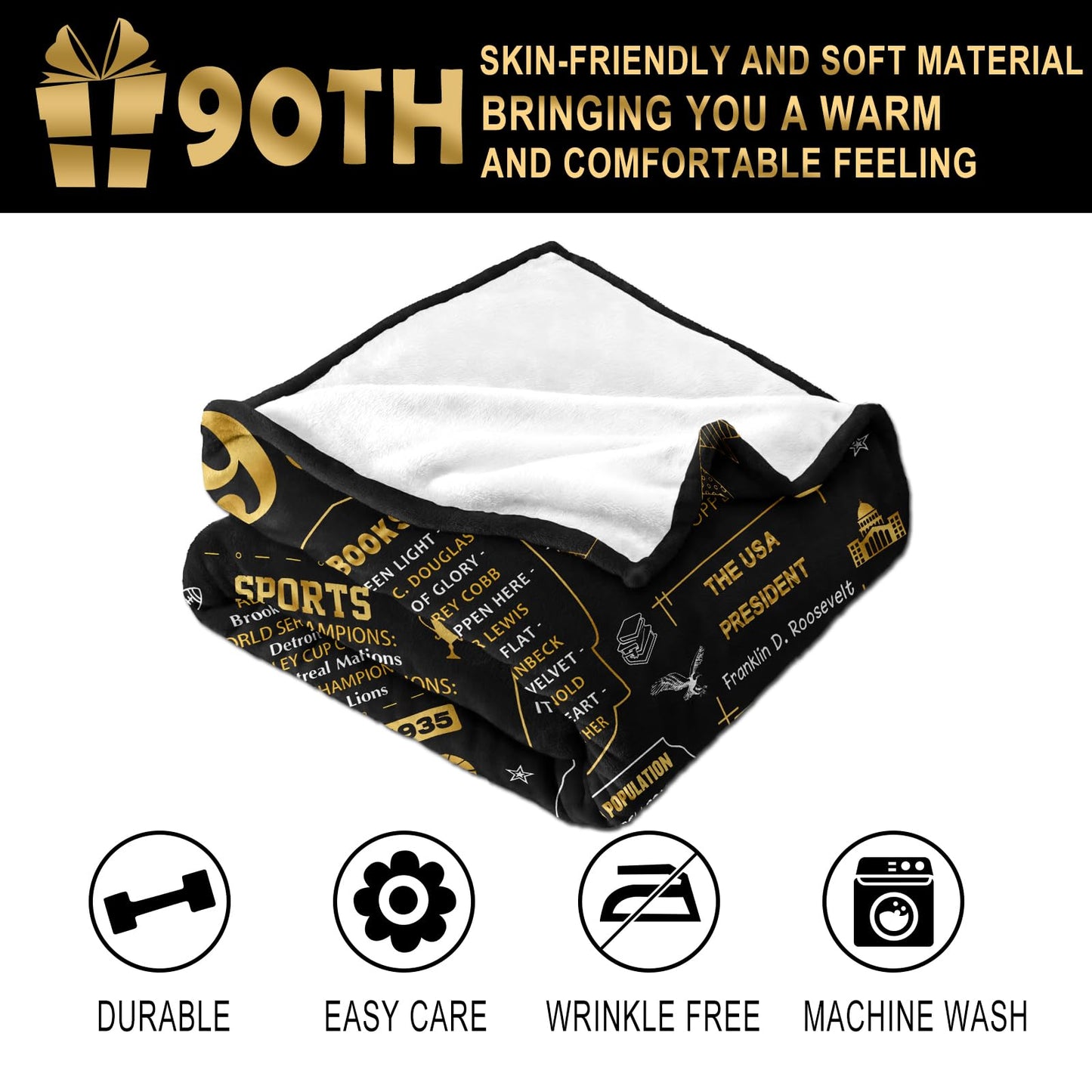 Neuturs 90th Birthday Blanket Gifts for Women Men, 90th Birthday Decorations for Women Men, Best 1935 Gifts for 90 Year Old Woman Man, Happy 90 Birthday Gift Ideas Decorations Blanket 60"X50"