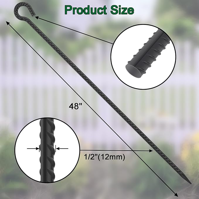 Rebar Stakes 48 Inch 1/2 Inch Diameter Heavy Duty Metal Tree Spikes 6Pcs, Garden Rope Fence Stake for Creating a Rope Border Around Flower Beds, Fence, Trees, Garden Paths, Walkways, Fountains (Black)