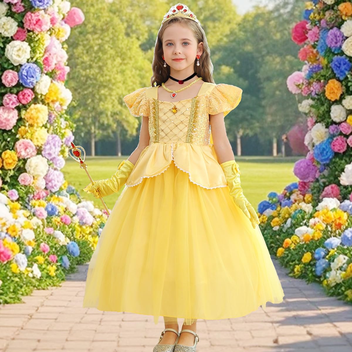 Luzlen Belle Costume for Girls Yellow Princess Dress up Halloween Birthday Party Cosplay Outfits with Accessories Yellow, 4-5T(Tag 120)