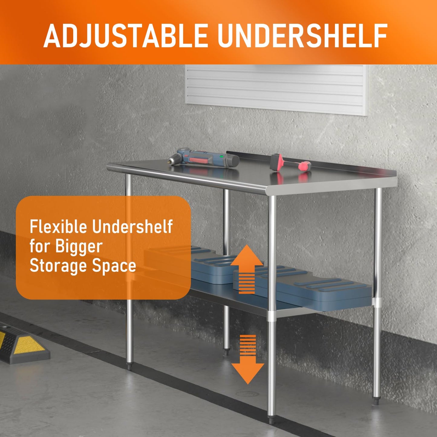 HOCCOT Stainless Steel Work Table 24" x 48" with Adjustable Undershelf and Backsplash, Commercial Workstations for Kitchen, Garage, Outdoor BBQ