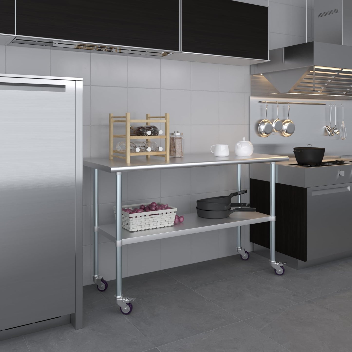 AmGood 24 in. x 60 in. Stainless Steel Work Table with Wheels | Metal Kitchen Food Prep Table | NSF