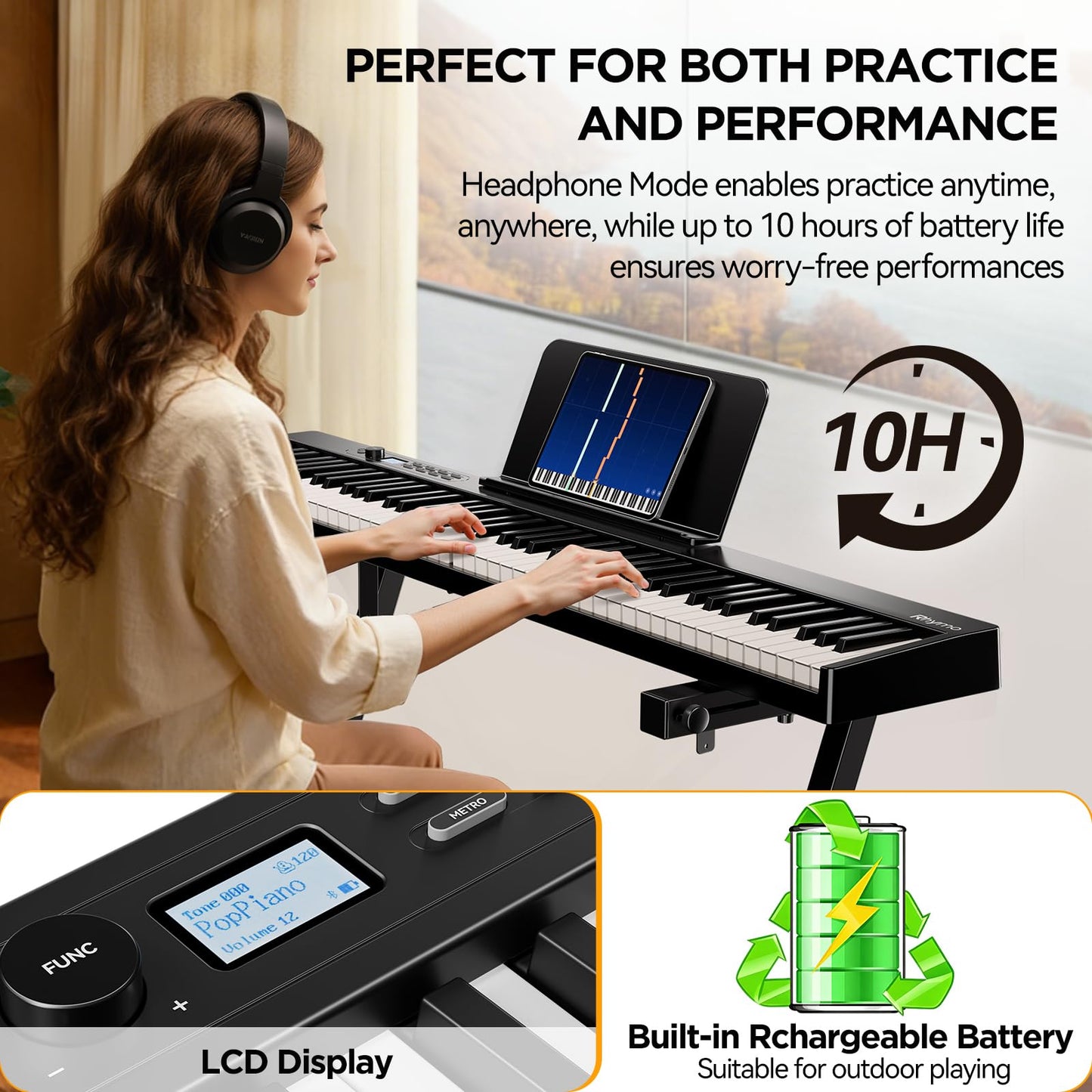 Rhymo 88 Key Portable Piano Keyboard, Semi-Weighted Folding Piano Full Size, Ultra Sound Upgrand Imitation Wood Texture Keyboard w/MIDI Bluetooth LCD Display Screen, Sustain Pedal for Beginners Adult