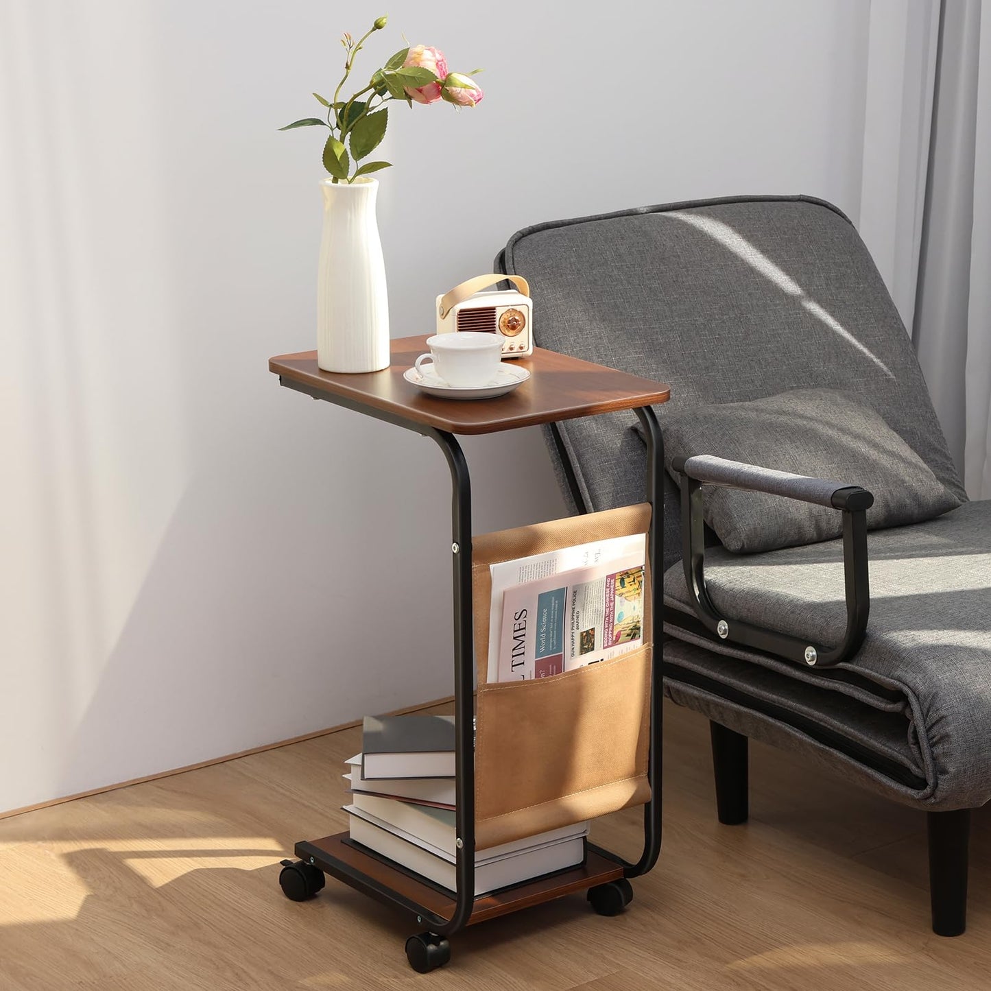 diowewea C Shaped End Table, Adjustable Height Side Table for Small Spaces, C Table with Wheels, Couch Table with Storage Shelf and Fabric Storage Bag, Side Table for Sofa Living Room Bedroom Brown