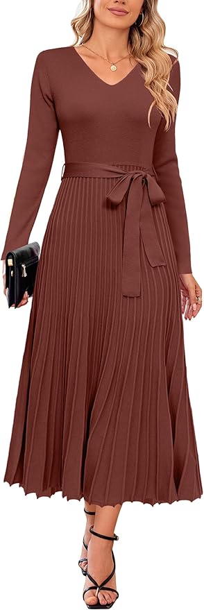 Arach&Cloz Women's Wool Blend Tie Waist Pleated Fall Sweater Dress 2025