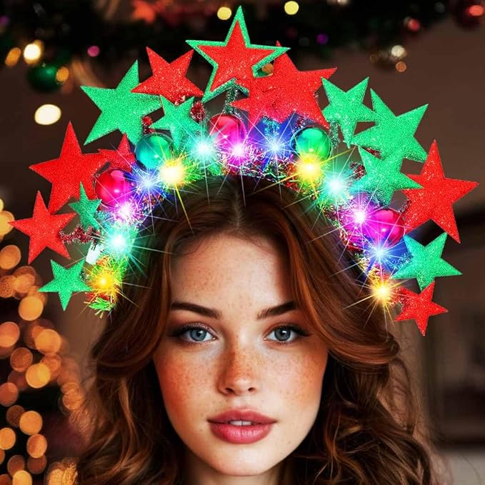 BARTOSI Christmas Headbands Light Up Star Headband Xmas Hairbands Holiday Hair Accessories for Women and Girls