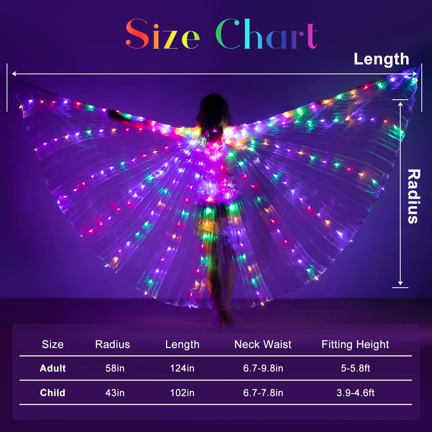 iMucci LED Lights Belly Dance Wing Isis Wings with Sticks for Adults and Child (40inch for Kids, Transparent Wings Multicolor Lights)