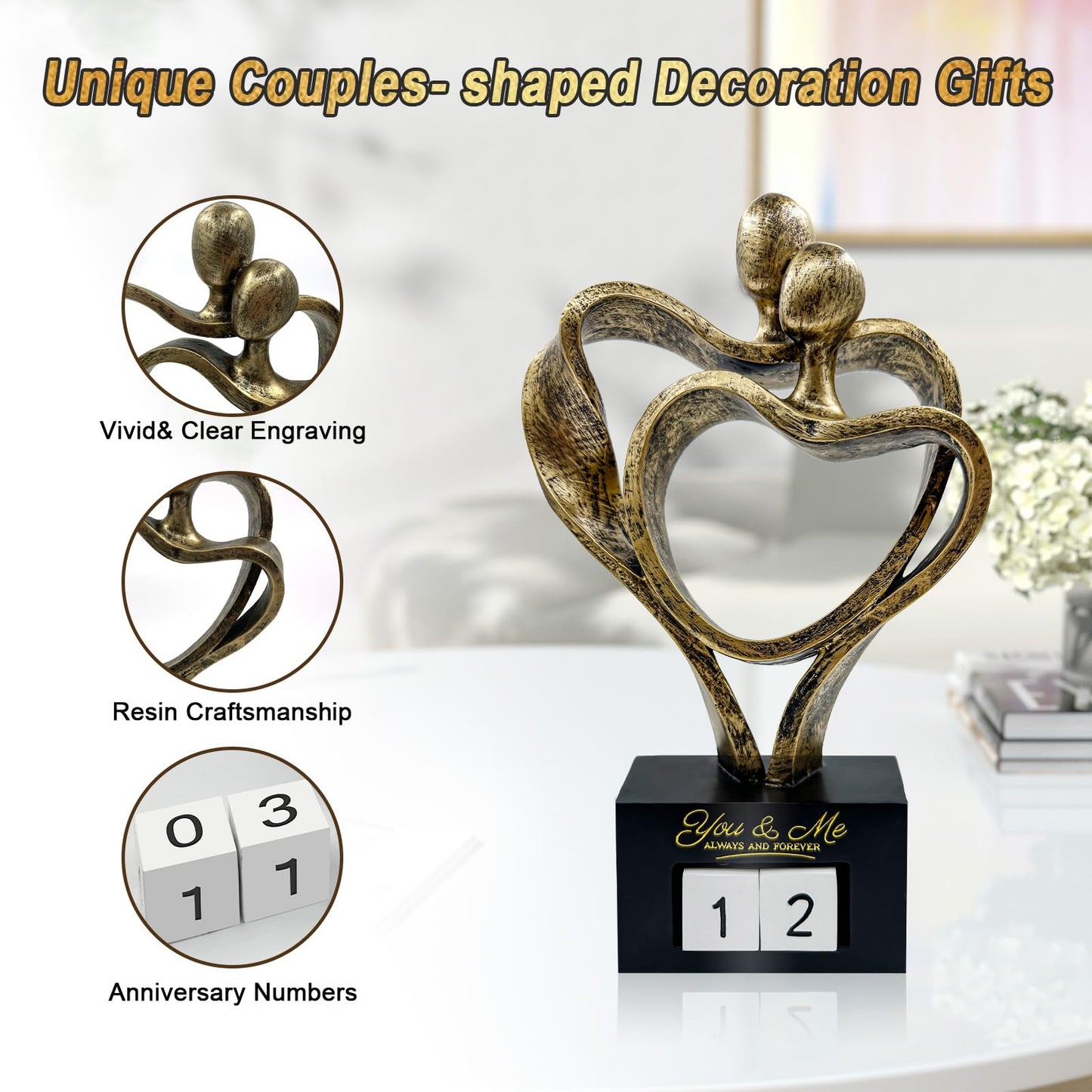 Anniversary Wedding Gifts for Couple Parents Wife Husband(1-99 Years) , Romantic Heart Decoration Couple Sculpture Love Statue for Her and Him, Anniversary Weddings Valentine's Gifts Home Decor(S)
