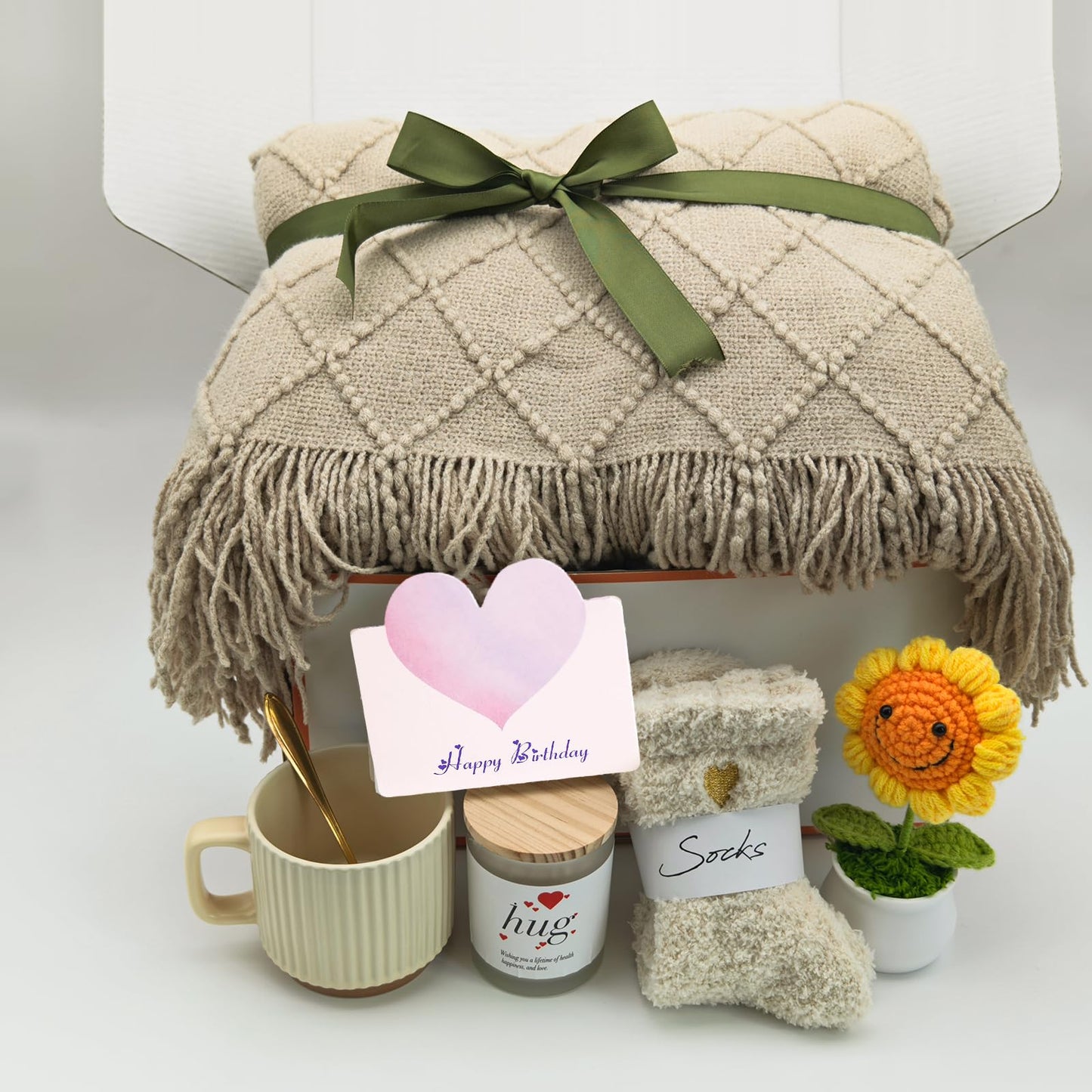 wangpengkai Birthday Gift Box for Women, 8 Pcs Get Well Soon Gifts Basket After Surgery, Sympathy Self Mother's Day Care Package, Cozy Off White Hug Blankets Gift for Sick Friends- Khaki