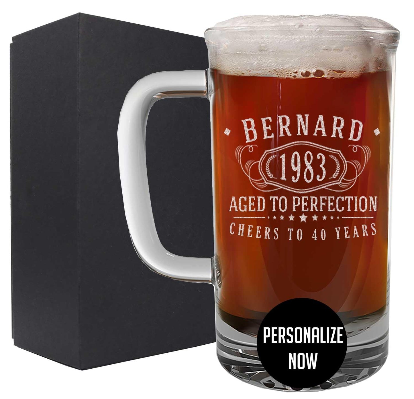 Personalized Etched 16oz Glass Beer Mug - Customized Beer Mug for Men, 40th Birthday Gifts for Brother, Custom Mug For Him Man Father Dad, Father's Day, Regalos Personalizados para Hombre, Bernard