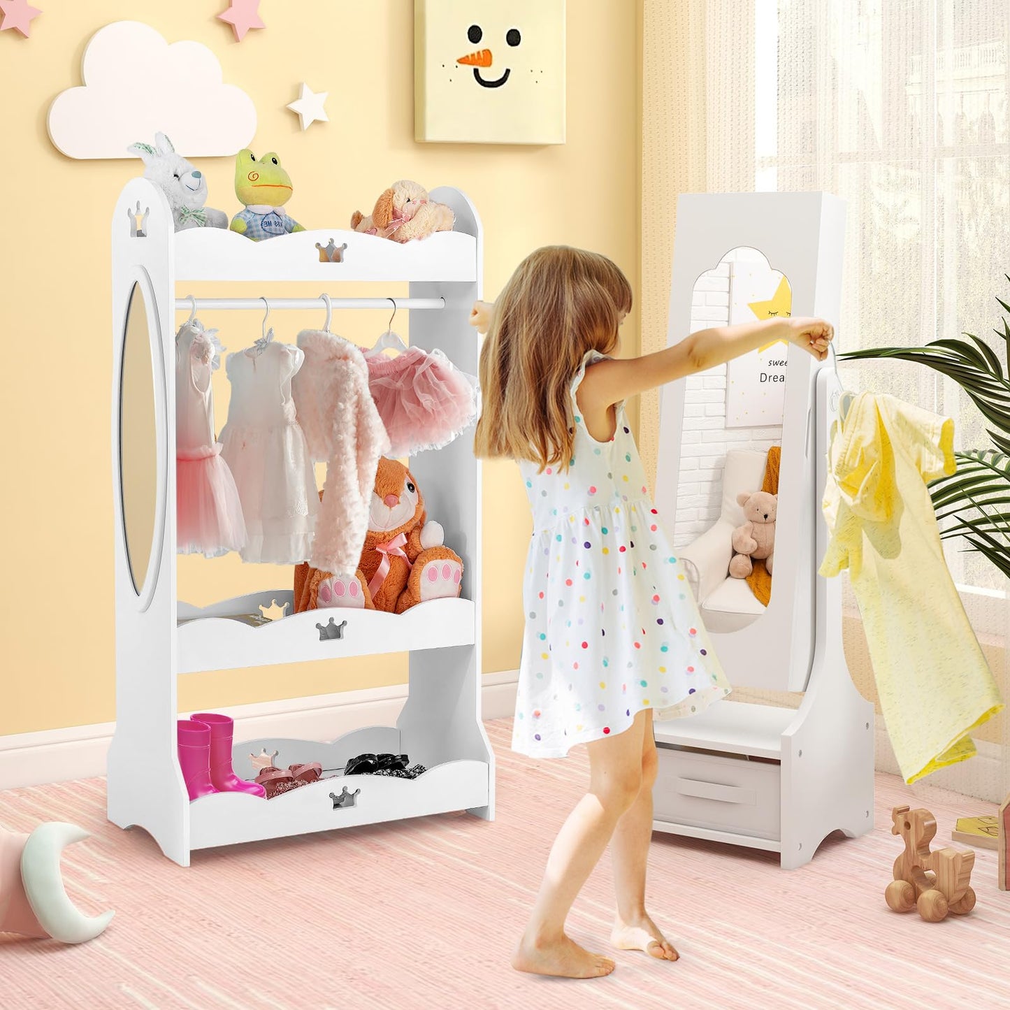 CHEFJOY Kids Jewelry Armoire Cabinet, Children Dressing Organizer with Mirror Full-Length & 3 Storage Drawers, Free Standing Princess Make Up Vanity for Girls Room, Bedroom (White)