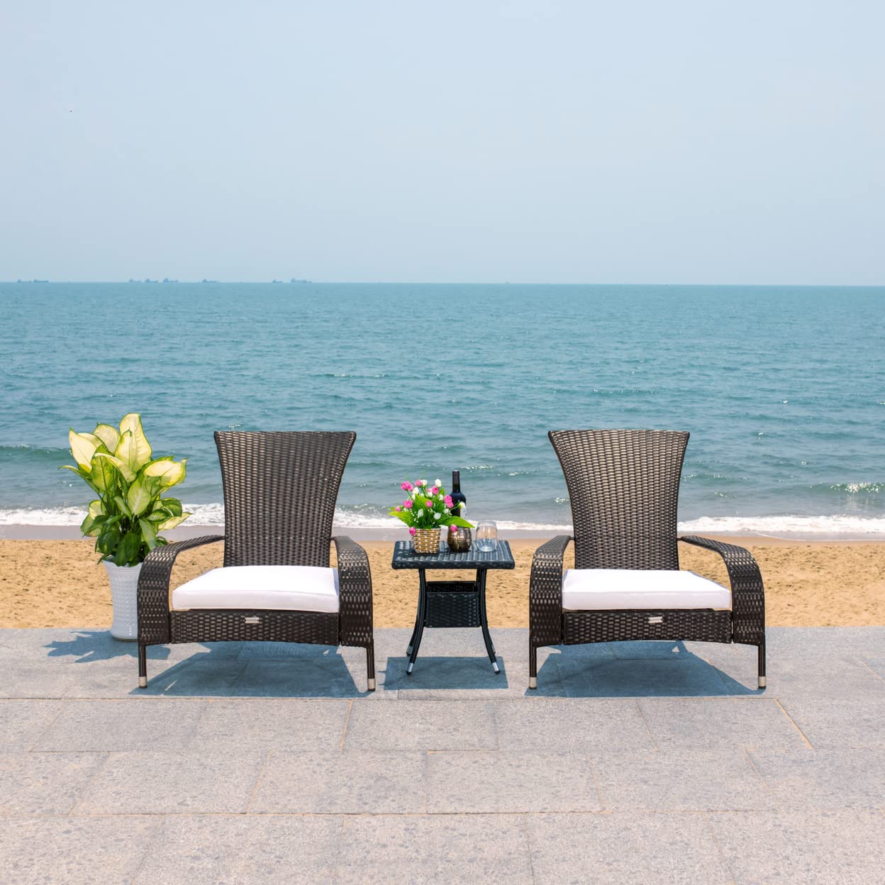 SAFAVIEH Outdoor - Edna 3-Piece Lounge Set - Black & White - Steel Frame & Faux Rattan with Cushion - Wingback Tropical French Design - Ideal for Patio, Deck, Porch, Backyard (PAT7719A)