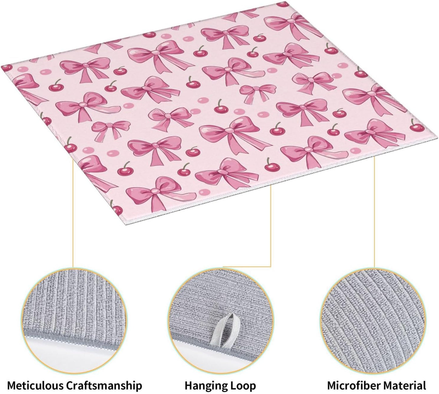 Dish Drying Mat for Kitchen Pink Bow Pattern Cherry Counter Absorbent Dishes Drainer Microfiber Small 16x18 Inch