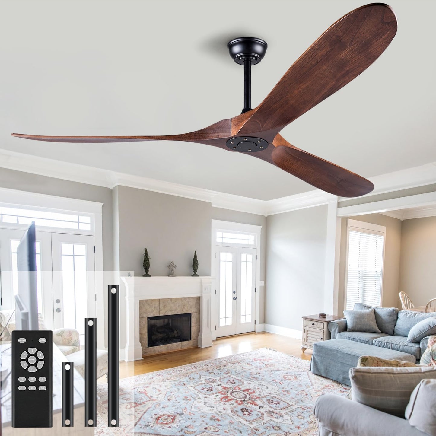 EOPETY 60 Inch Ceiling Fan Without Light ，Wood Indoor Outdoor Ceiling Fans No Light for Patios Living Room Bedroom Porch Big Ceiling Fan for Flat Sloped Ceiling(Walnut)