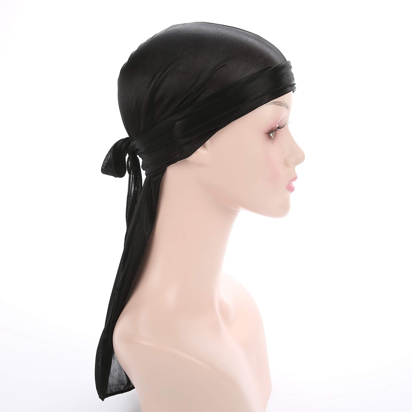 Fxhixiy Men Women Durag Extra Long-Tail Headwraps Silky Satin Pirate Cap Bandana Hat for 360 Waves Black