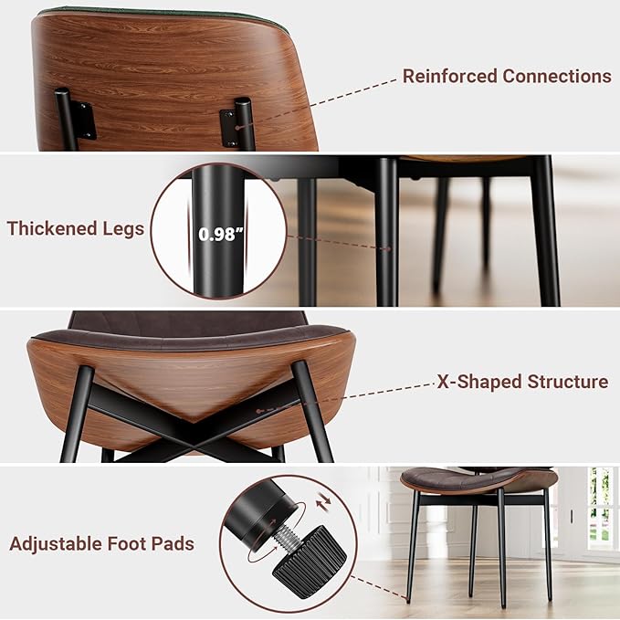 YaFiti Dining Chairs Set of 2, Dining Room and Kitchen Chairs, Mid Century Modern Accent Chair, Upholstered PU Leather Chairs for Vanity with Walnut Bentwood and Metal Legs, Brown