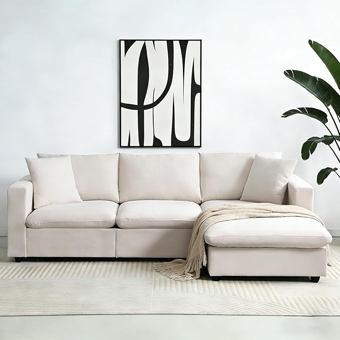 KIVENJAJA Beige Cloud Couch for Living Room Apartment Small Spaces, Linen L Shaped Modular Sectional Sofa with Convertible Ottoman Chaise, Modern Minimalist, Metal Frame, 100.4" W 3 Seater
