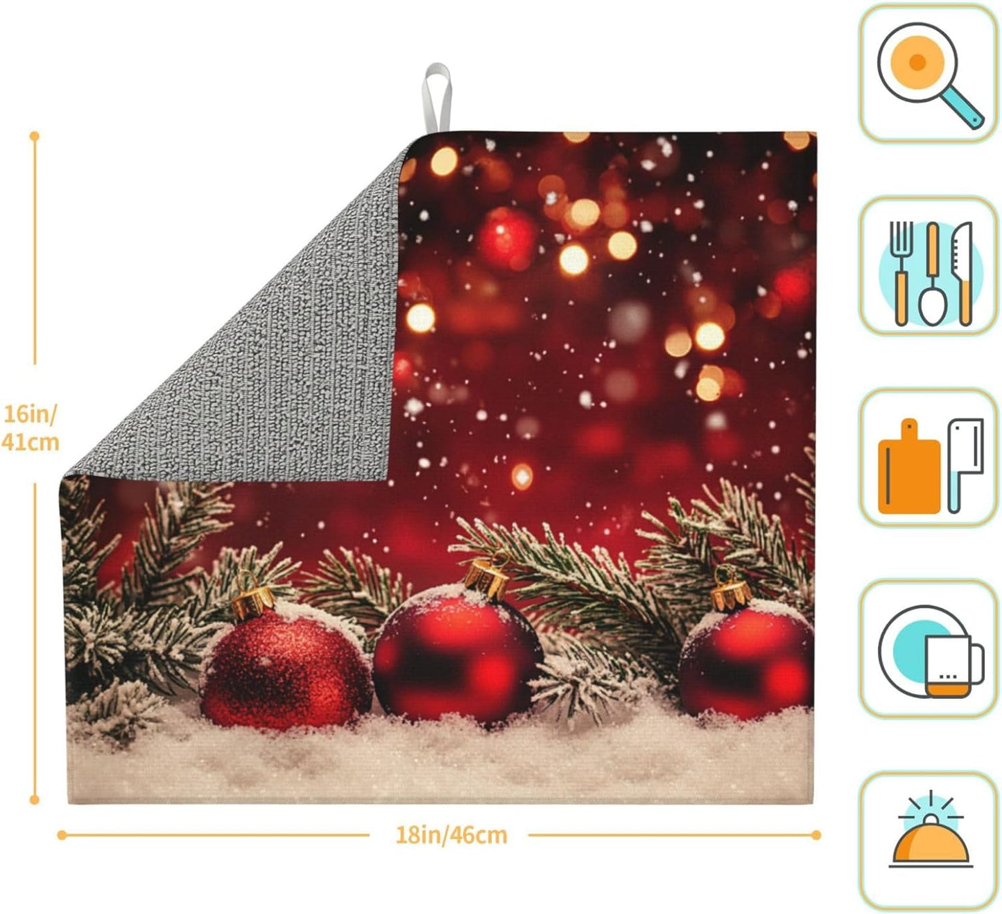 Dish Drying Mat Red Christmas Ball Glitter Absorbent Microfiber Non Slip Quick Dry Heat Resistant Holiday Decorative Kitchen Counter Mat for Plates Cups Glasses 16x18 Inch