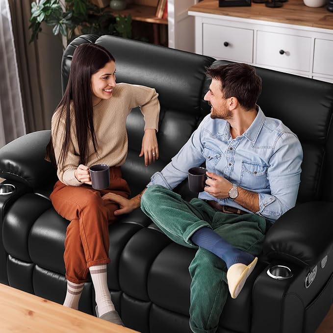 FURNIMAT New Loveseat Recliner Sofa, 2 Seater Reclining Loveseat Sofa, PU Leather Dual Recliner Chair, Modern Loveseat Couch for Living Room, with Cup Holder and USB Ports, Black