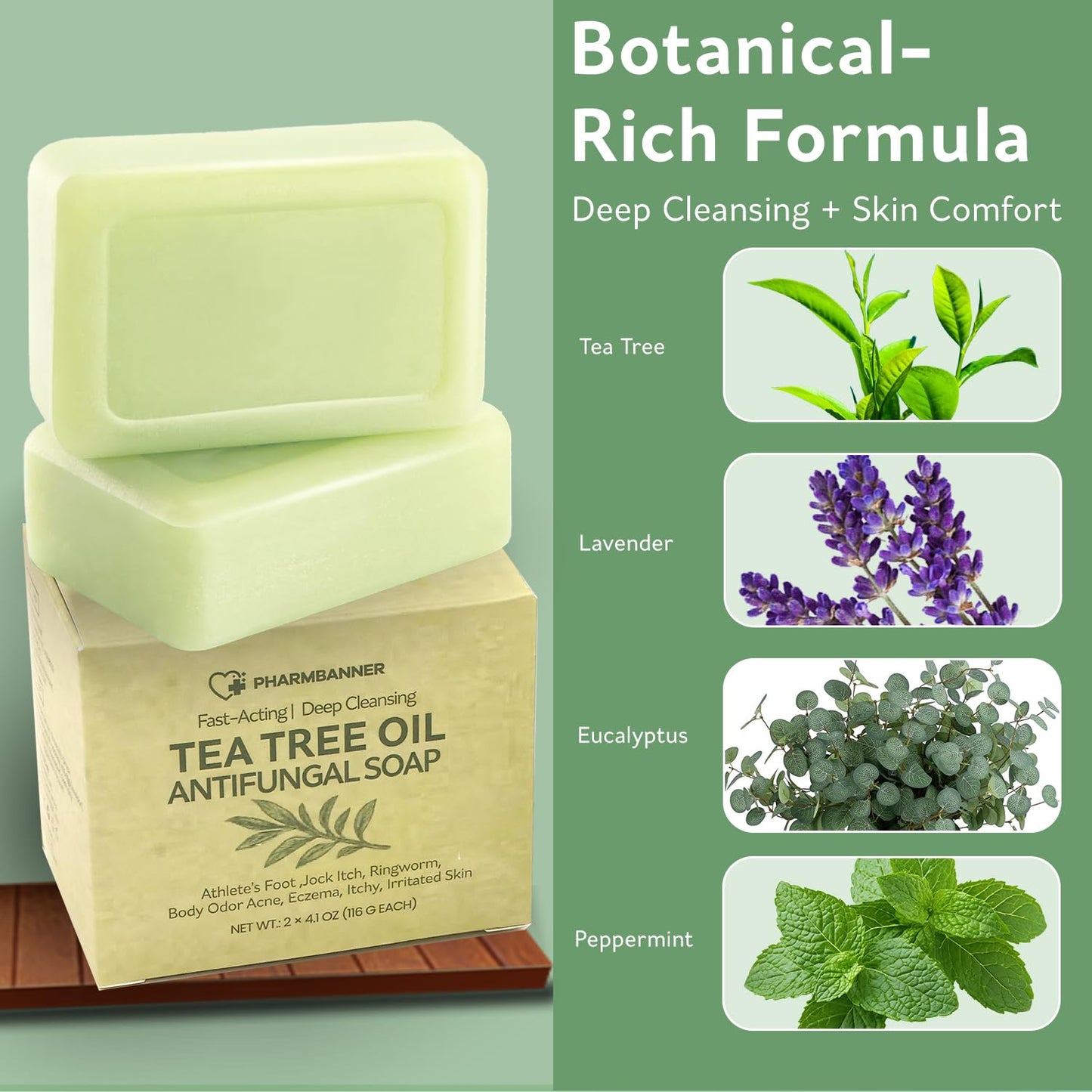 PHARMBANNER Tea Tree Antifungal Soap Bar - Body Wash for Face & Body Acne, Folliculitis, Jock Itch, Ringworm, Athletes Foot, Bod