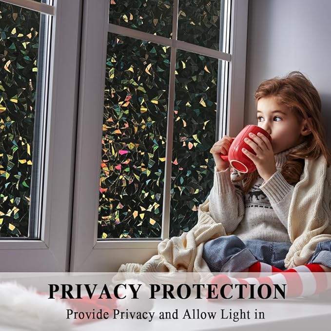 100% Light Blocking Privacy Window Film Blackout 3D Prism Sliding Glass Door Tint Room Darkening Rainbow Static Cling Heat Control Anti UV Removable Cover Decal Contact Paper Home Office,23.6x78.7in.