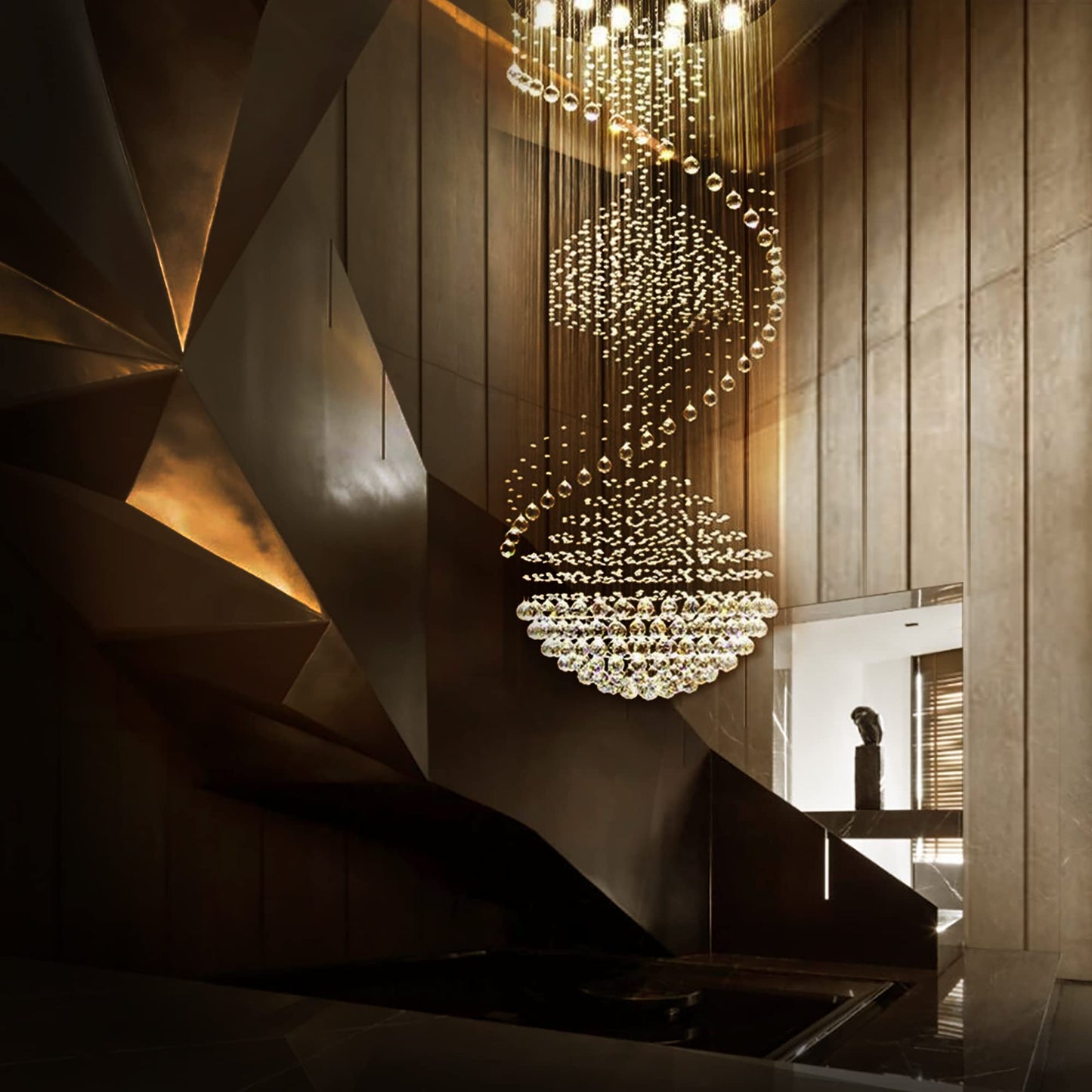 7PM Crystal Chandelier, Modern Large Spiral Raindrop Chandeliers, Flush Mount Pendant Light Fixture, Big Chandelier for High Ceiling, Entryway, Staircase, Foyer, Entrance D31.5 X H94.5