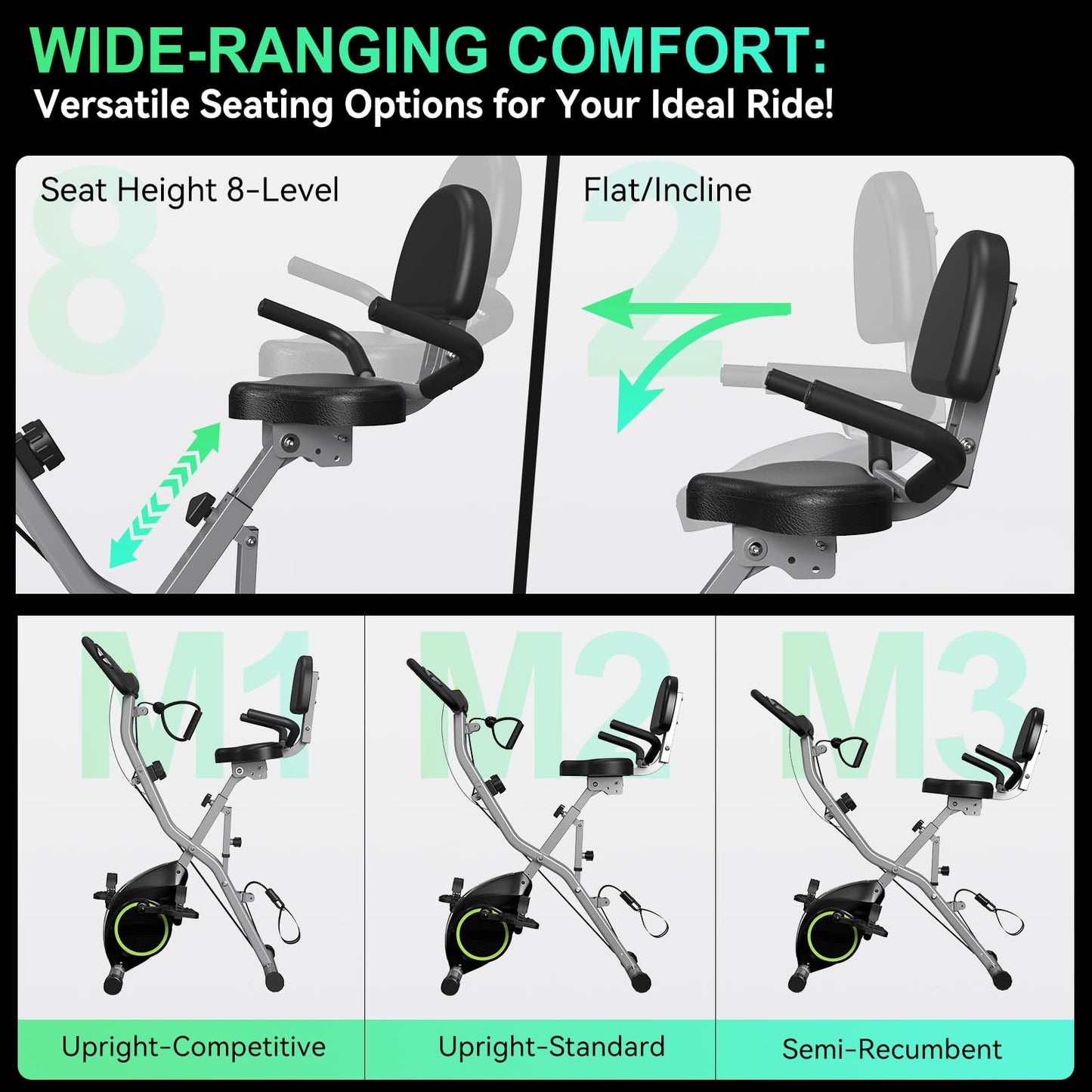 Indoor Exercise Bike for Seniors, 5 IN 1 Foldable Stationary Bike with 16-Level Magnetic Resistance and Tri-Position Ride, 300LBS Capacity, Designed for Home Gym