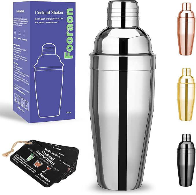 24oz Cocktail Shaker Bar Set - Drink Shaker Built-in Strainer, 2oz & 1oz Double Measuring Jigger, Mixing Spoon Set - Profe...