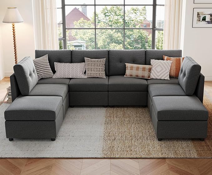 LINSY HOME Modular Sectional Sofa Oversized, Removable Cover Living Room Couches with Storage Deep Seat & Ottoman Chaise L/U Shaped Sofa Modern Couch (Dark Grey, 6 Seats & 2 Ottomans)