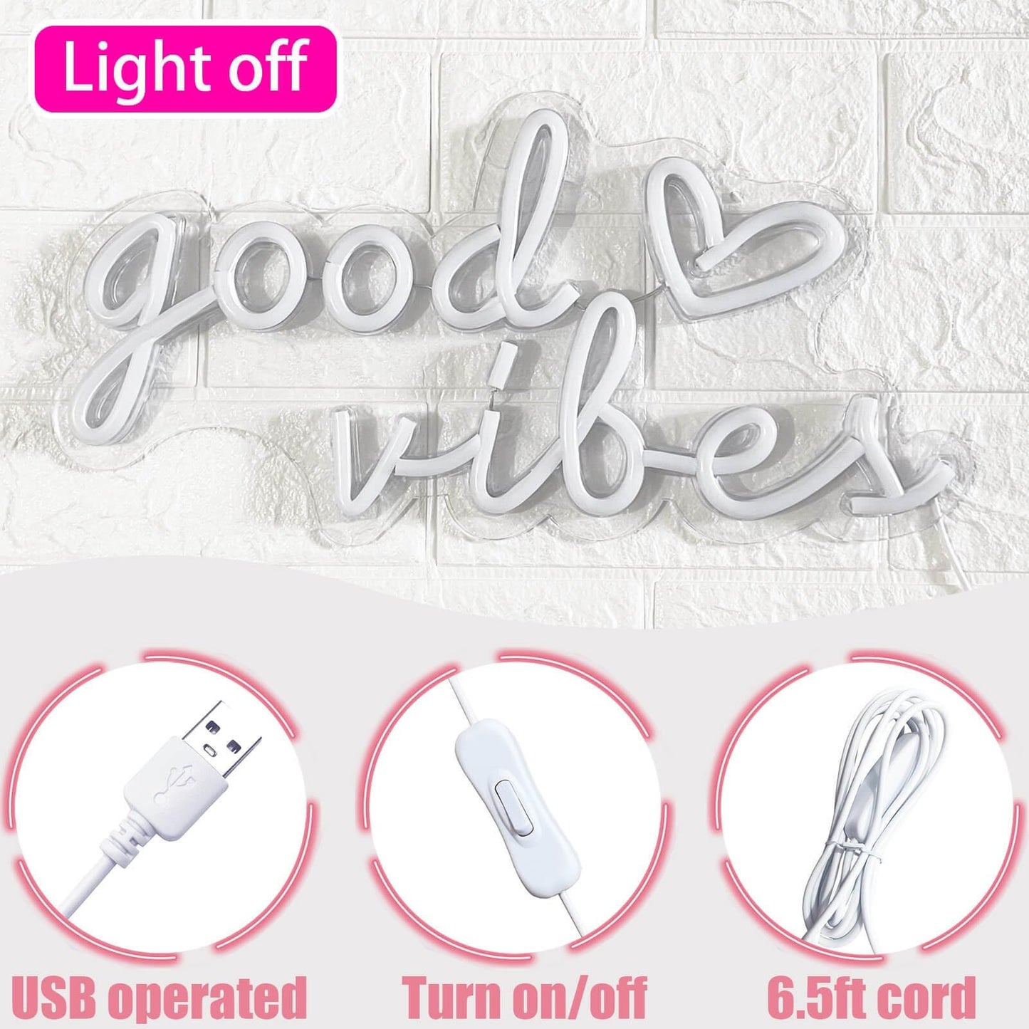 HOHOSIGN Good Vibes Neon Sign for Wall Decor Neon Lights Sign, 16"x8" Heart and Good Vibes LED Signs for Bedroom Wall, USB Operated Pink Goodvibes LED Neon Lights Signs for Game Room Christmas Decor