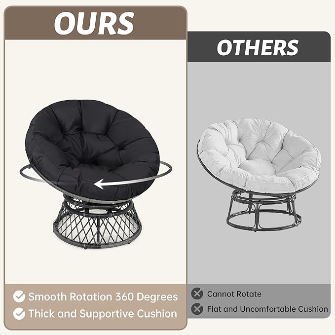 40" Ergonomic Wicker Papasan Chair, 360° Swivel Indoor Outdoor Rattan Chair with Soft Thick Cushion, Ideal for Living Room, Bedroom, Reading Room, Grey Frame with Black Cushion