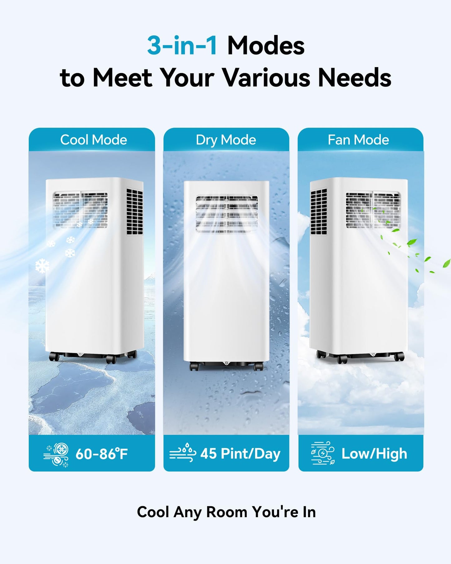 Feelfunn 8000 BTU Portable Air Conditioner, 3-in-1 Cools 350 Sq.Ft, Quiet AC with Fan & Dehumidifier, LED Display, Remote, 24H Timer, Window Kit, for Bedroom/Office/Dorms