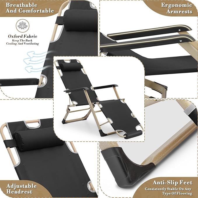 Athena Collection Zero Gravity Outdoor Lounge Chair Set of 2, 26" Width Reclining Pool Lounge Lawn Chairs Recliner with Headrest Foot Pad, Outdoor Chaise for Beach Patio Backyard Outside, Black