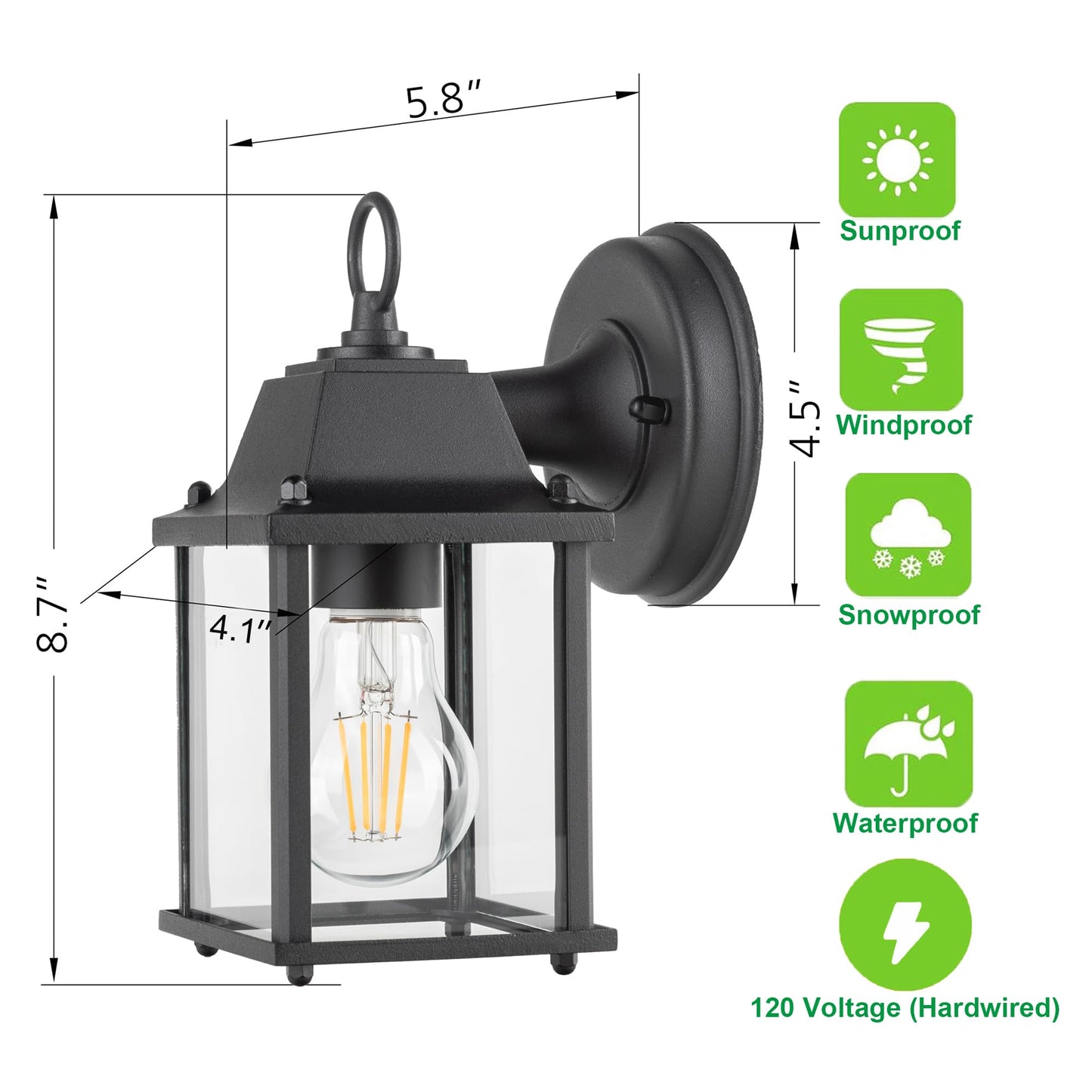 LIT-PaTH Outdoor Wall Lantern, Wall Sconce as Porch Lighting Fixture, E26 Base, Aluminum Housing Plus Glass, Water-Proof and Outdoor Rated, ETL Qualified, 1-Pack, Black