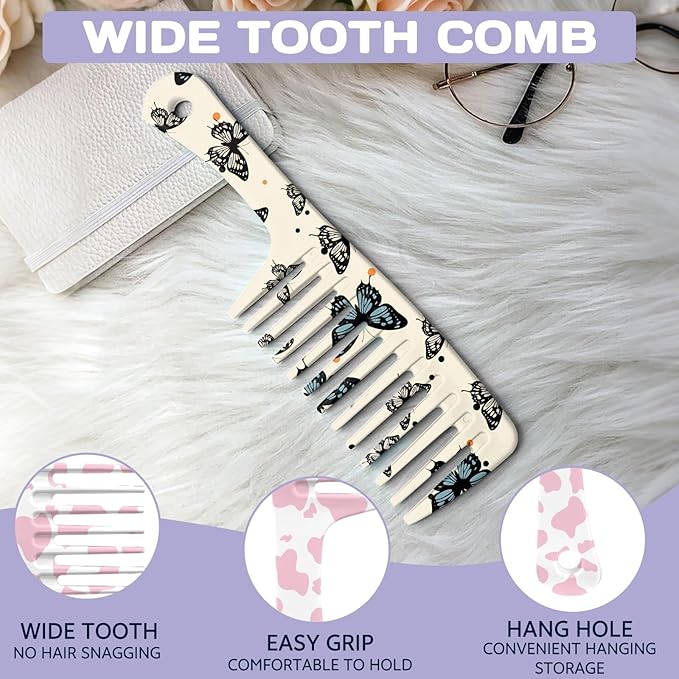 2PCS Wide Tooth Comb,Effortless Tangle Removal for Long Hair Styling Comb for Curly,Wet,Cute Aesthetic Design for Women Men and Girls(Pink-Cow Butterfly-04)