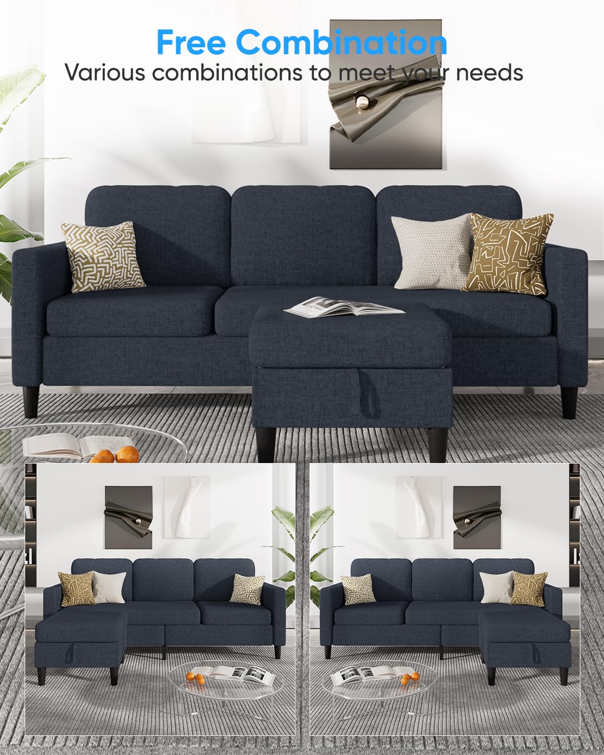 ADOWORE 76 Inch L Shaped Sectional Sofa, Modern 3 Seater Couch with Storage Ottoman, Linen Convertible Sectional L Shape Couches for Living Room, Apartment and Small Space