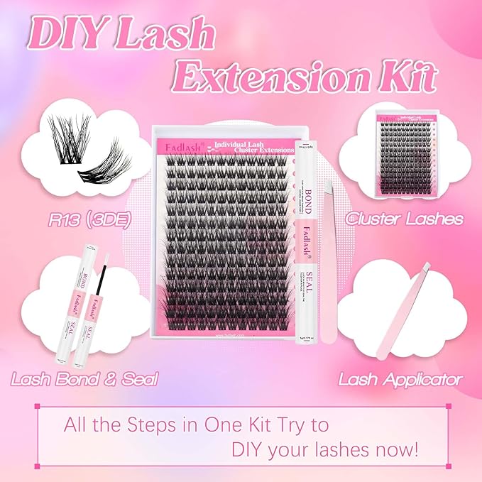 Lash Extension Kit, FADLASH DIY Individual Lashes Clusters Kit with 3D Lash Clusters Lash Bond and Seal and Lash Tweezers for DIY Eyelash Extension Easy to Apply at Home (R13-07-D-10-18MIX)