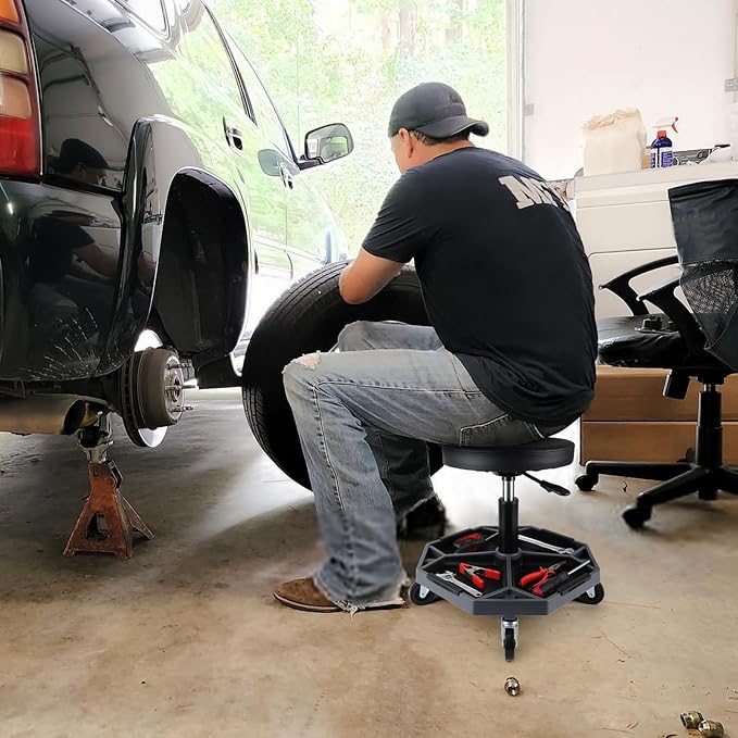 Olympia Tools Adjustable Hydraulic Rolling Mechanics Stool with with Removable Tool Tray, 300lbs Max Weight Capacity, 419-110-1002