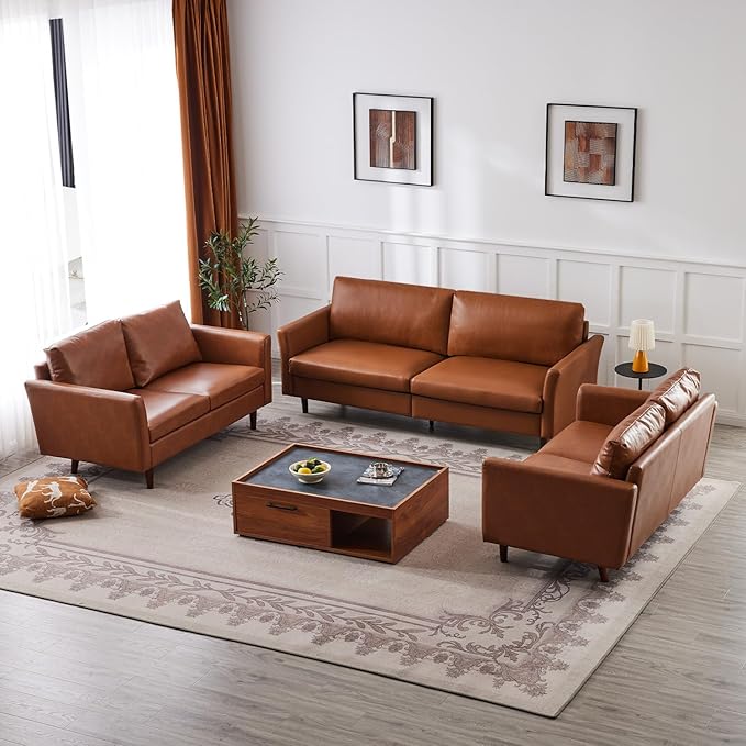 Kingfun Living Room Furniture Sets, 3 Seater Sofa, Loveseat and Loveseat, Mid Century Modern Sofa Set, Faux Leather Couch with Solid Wood Frame for Living Room & Bedroom, Chestnut