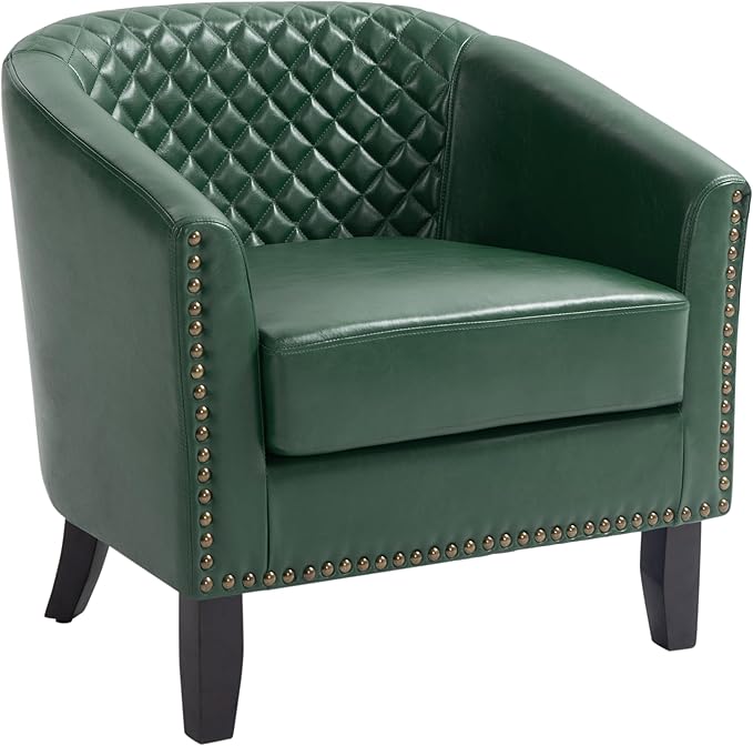 UIXE Faux Leather Barrel Accent Chairs Set of 2, Modern Club Upholstered Arm Chair, Comfy Armchair Nailed Trim Living Room Single Sofa Reading Seat Bedroom Side Sitting for Office, Green