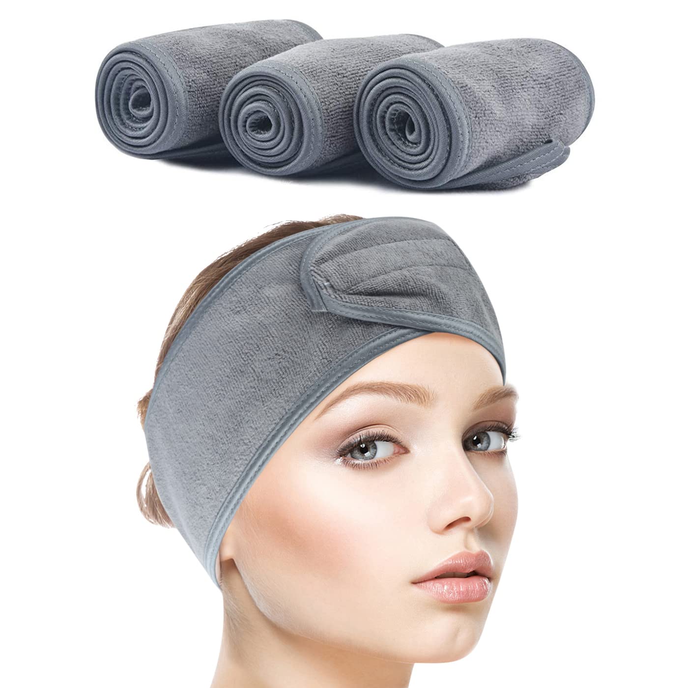 SINLAND Spa Headband for Women 3 Counts Ultra Soft Adjustable Makeup Hair Band with Magic Tape, Terry Cloth Stretch Head Wrap fo