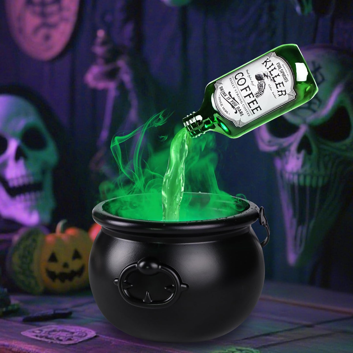 JOICEE Halloween Decorations Indoor, Magic Floating Potion Bottles with Mist Maker Halloween Witches Cauldron DIY Black Floating Potion Bowl set for Halloween Party Decorations Home Mantel Table Decor