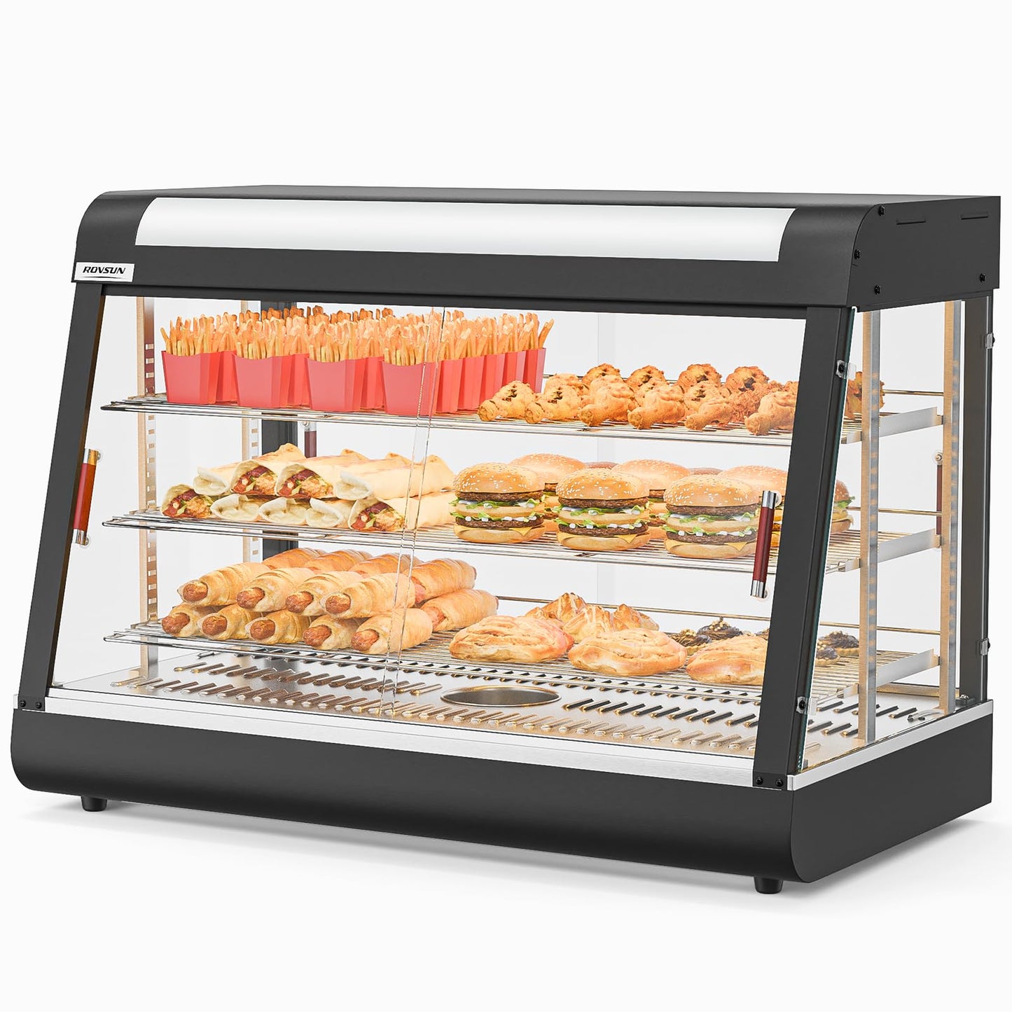 ROVSUN 35" Pizza Warmer Food Warmer Display, 3-Tier Electric Food Warmer Commercial Countertop w/LED Lighting Adjustable Removable Shelves Glass Door, Pretzel Warmer for Buffet Restaurant 1500W