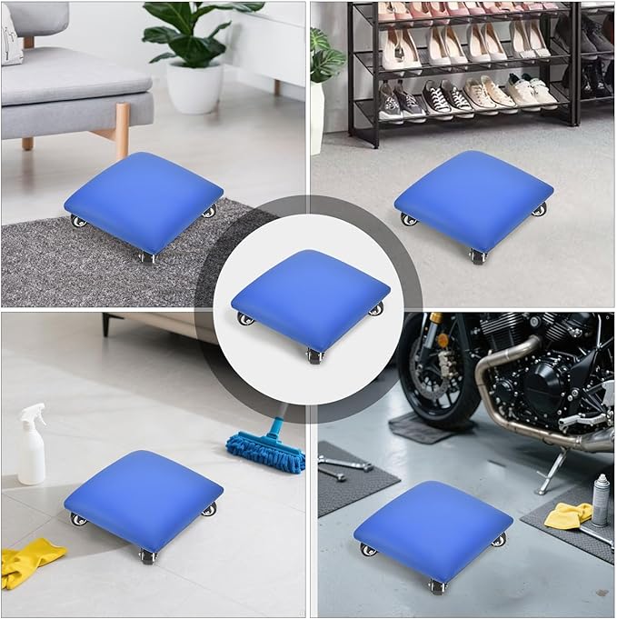 FLOLXNB Low Height Rolling Stool Low Roller Seat PU Leather Square Roller Seat Stool Low Rolling Chair for Home Office Fitness Garage (Blue)