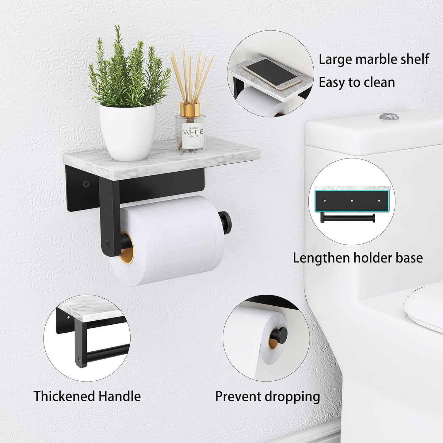Marble Toilet Paper Holder with Shelf, 304 Stainless Steel Screw Wall Mounted, Tissue Roll Holder for Bathroom Washroom Matte Black