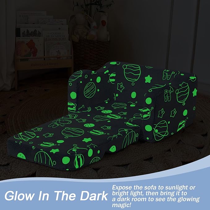 MeMoreCool Toddler Sofa Bed – Glow-in-The-Dark Astronaut Chair for Kids, 2-in-1 Fold-Out Lounger (Denim Planet) Soft Foam | Machine Washable Cover | Ages 1–3 | Playroom & Nursery Nap Couch