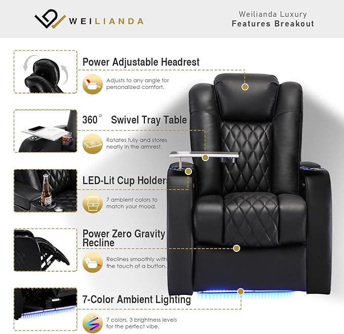 Weilianda Home Theater Seating Top Grain Leather Recliner Chair Power Headrest and Recline Movie Seats Gaming Sofa with Tray Table Type-C USB Charge Cup Holders Row of 1 Black