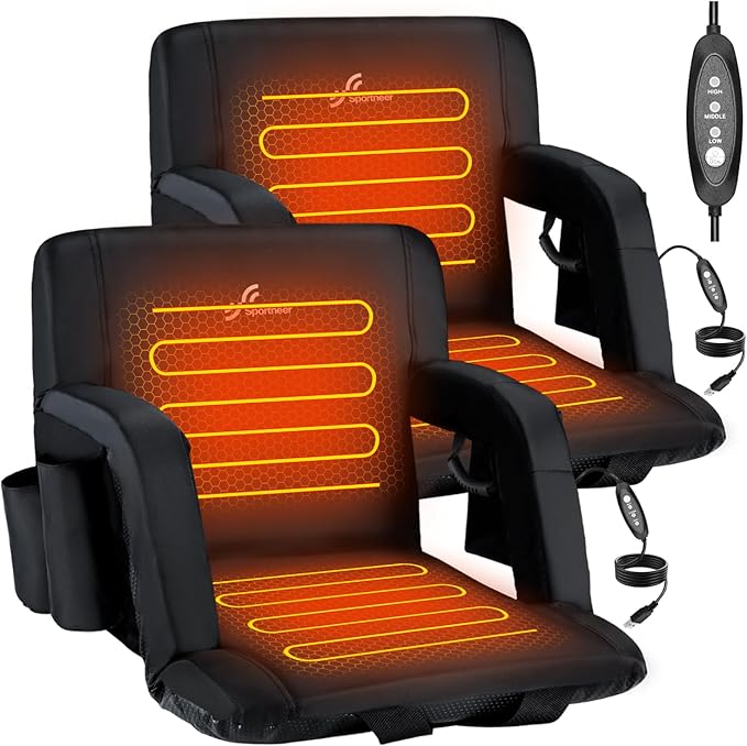 Sportneer Heated Stadium Seats with Back Support: 6 Adjustable Angles Extra Wide Bleacher Seat with Dual Heating Zones - 2.5" Padded Stadium Seats for Sports Outdoors, 2 Pack